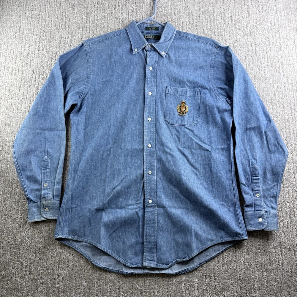 Vintage Polo Ralph Lauren Denim Button Up Shirt Men's Size XL Crest Made In USA
